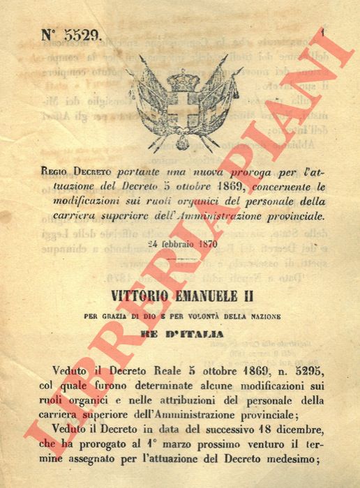 Regio Decreto - portante una nuova proroga per l'attuazione del Decreto concernente le modificazioni sui ruoli organici del personale della carriera superiore dell'Amministrazione provinciale.