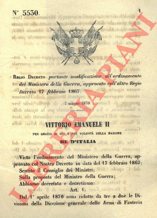 Regio Decreto - portante modificazione all'ordinamento del Ministero della Guerra.