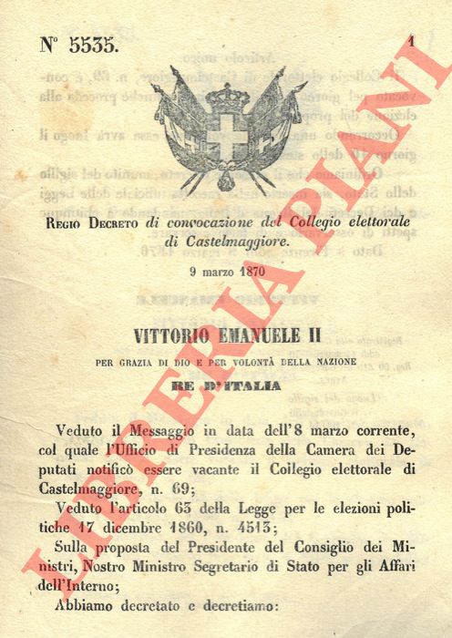 Regio Decreto - di convocazione del Collegio elettorale di Castelmaggiore.