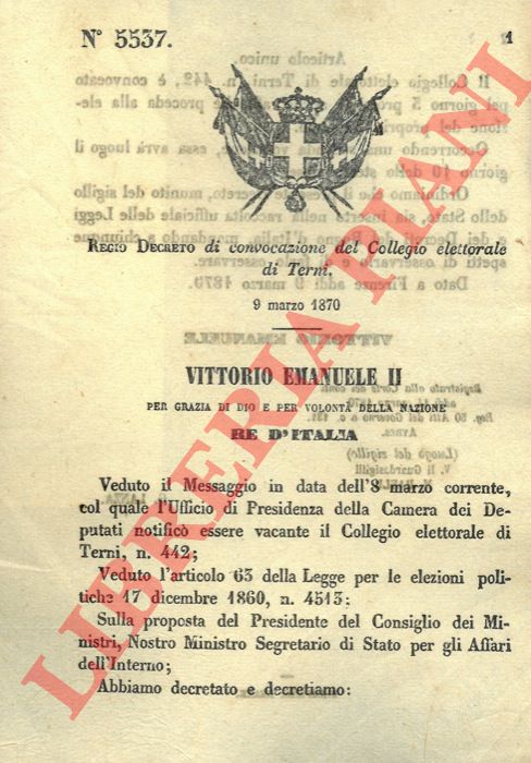 Regio Decreto - di convocazione del Collegio elettorale di Terni.