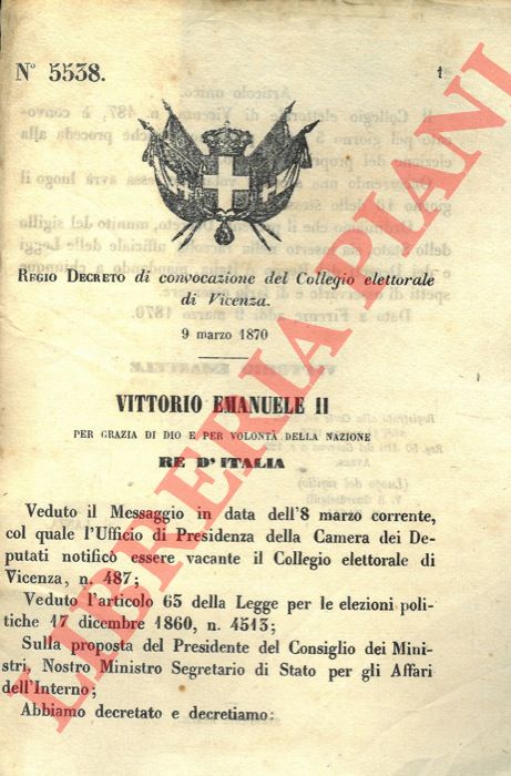 Regio Decreto - di convocazione del Collegio elettorale di Vicenza.