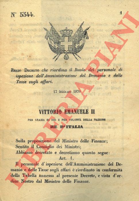 Regio Decreto - che riordina il ruolo del personale di ispezione dell'Amministrazione del Demanio e delle Tasse sugli affari.