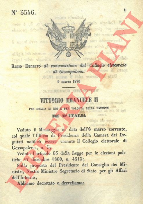 Regio Decreto - di convocazione del Collegio elettorale di Gessopalena.
