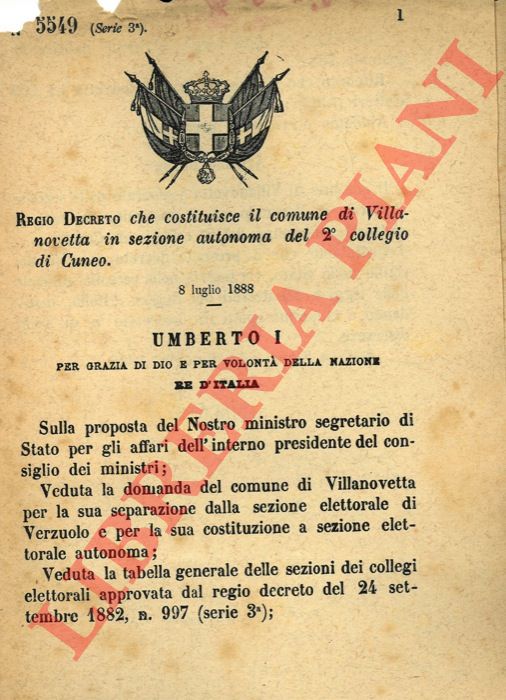 Regio Decreto - che costituisce il comune di Villanovetta in sezione autonoma del 2 collegio di Cuneo.