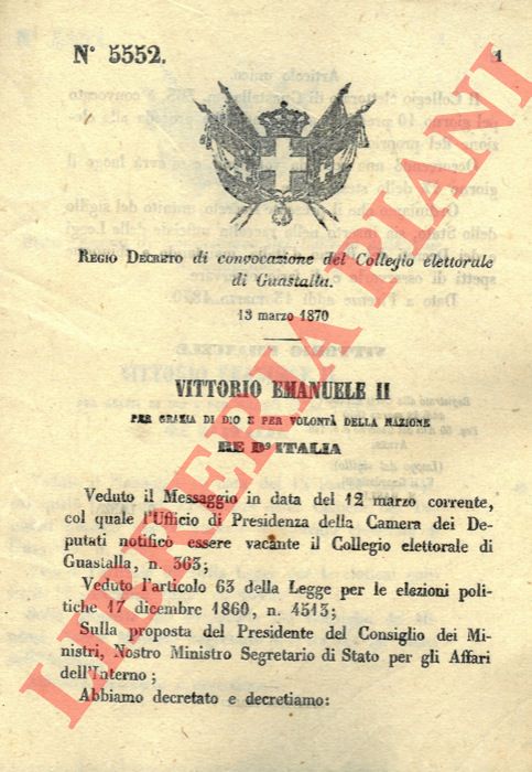 Regio Decreto - di convocazione del Collegio elettorale di Guastalla.