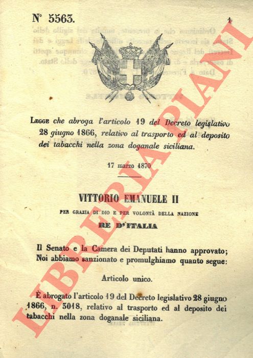 Legge - che abroga un articolo del Decreto legislativo relativo al trasporto ed al deposito dei tabacchi nella zona doganale siciliana.