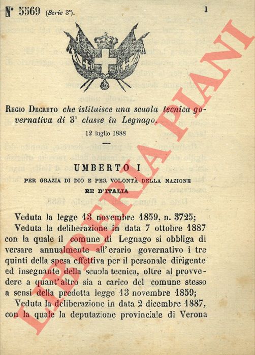 Regio Decreto - che istituisce una scuola tecnica governativa di 3a classe in Legnano.