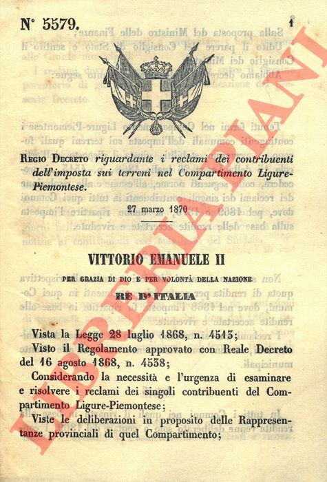 Regio Decreto - riguardante i reclami dei contribuenti dell'imposta sui terreni nel Compartimento Ligure - Piemontese.