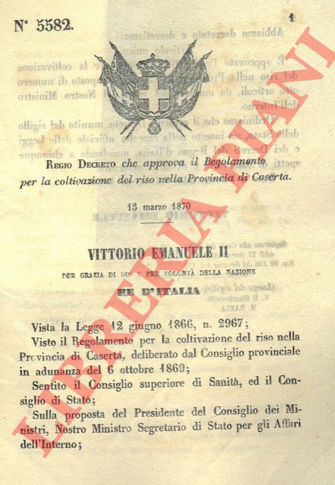 Regio Decreto - che approva il Regolamento per la coltivazione del riso nella Provincia di Caserta.