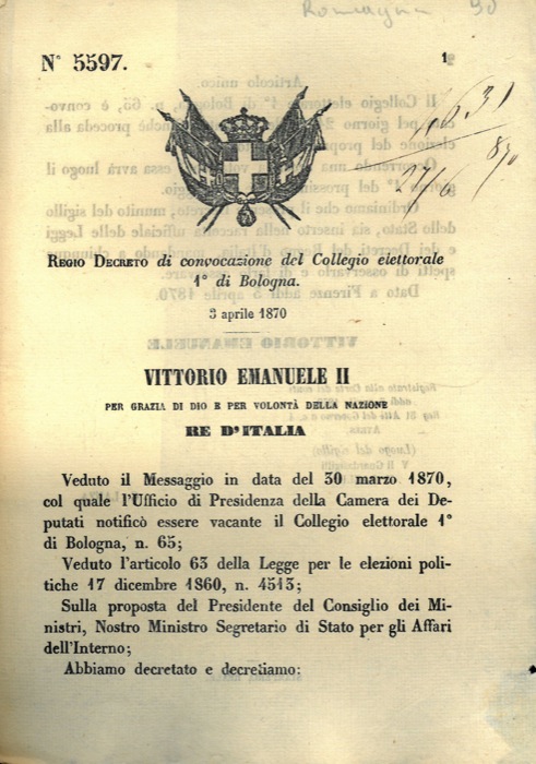 Regio Decreto - di convocazione del Collegio elettorale 1 di Bologna.