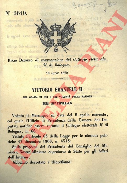 Regio Decreto - di convocazione del Collegio elettorale 2 di Bologna.