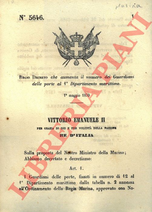 Regio decreto - che aumenta il numero dei Guardiani delle porte al 1 Dipartimento marittimo.