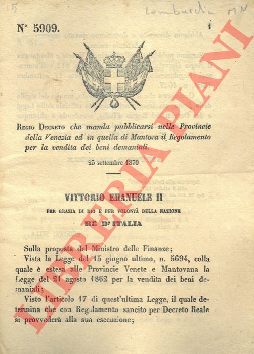 Regio decreto - che manda pubblicarsi nelle Provincie della Venezia ed in quella di Mantova il Regolamento per la vendita dei beni demaniali.