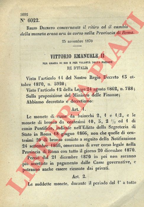 Regio Decreto - che riguarda il ritiro ed il cambio della moneta erosa in corso nella provincia di Roma.