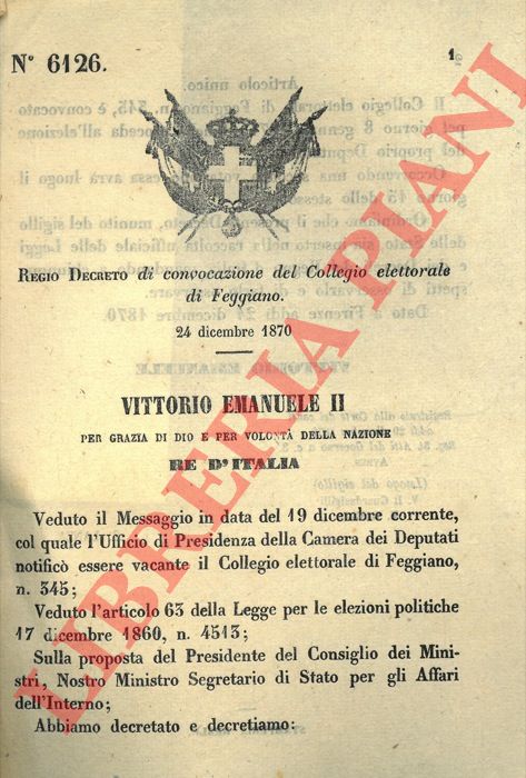 Regio decreto - di convocazione del Collegio elettorale di Feggiano.