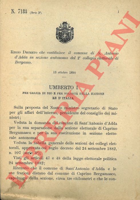 Regio Decreto - che costituisce il comune di S. Antonio d'Adda in sezione autonoma del 2 collegio elettorale di Bergamo.