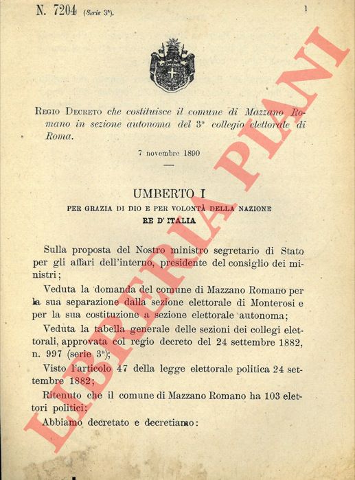 Regio Decreto - che costituisce il comune di Mazzano Romano in sezione autonoma del 3 collegio elettorale di Roma.