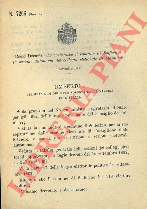 Regio Decreto - che costituisce il comune di Solferino in sezione autonoma del collegio elettorale di Mantova.