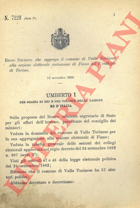 Regio Decreto - che aggrega il comune di Vallo Torinese alla sezione elettorale autonoma di Fiano del 2 collegio di Torino.