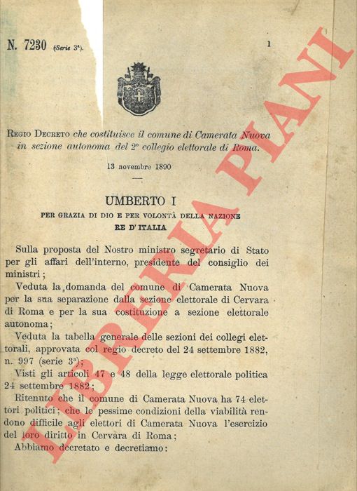 Regio Decreto - che costituisce il comune di Camerata Nuova in sezione autonoma del 2 collegio elettorale di Roma.