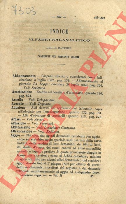 - - Indice alfabetico-analitico delle materie nella Raccolta delle Leggi e dei Decreti del Regno d'Italia, Anno 1861.