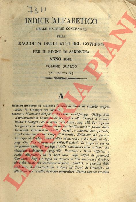 - - Indice alfabetico delle materie contenute nella raccolta degli Atti del Governo per il Regno di Sardegna. Anno 1843.