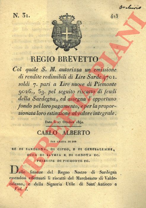 Regio Brevetto - che autorizza un'emissione di rendite redimibili per il riscatto di feudi sardi.