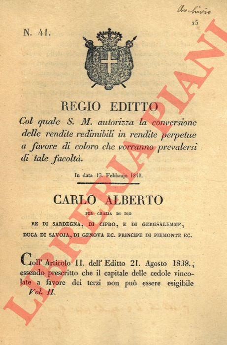 Regio Editto - col quale S.M. autorizza la conversione delle rendite redimibili in rendite perpetue a favore di coloro che vorranno prevalersi di tale facolt.