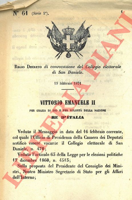 Regio Decreto - di convocazione del Collegio elettorale di San Daniele.