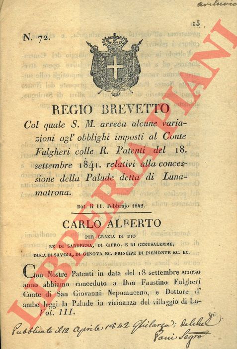 Regio Brevetto - con il quale si modificano alcuni obblighi relativi alla concessione della Palude di Lunamatrona.