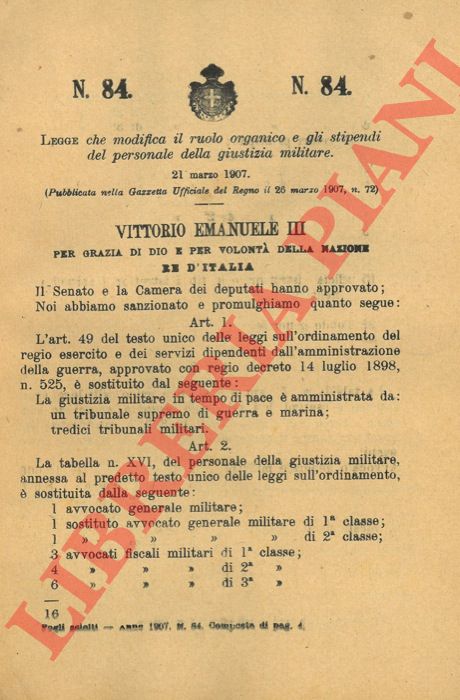 Legge - che modifica il ruolo organico e gli stipendi del personale della giustizia militare.
