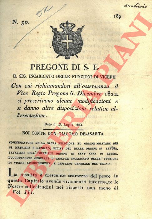 Pregone - con il quale si proibisce la pesca con le nasse e reti.