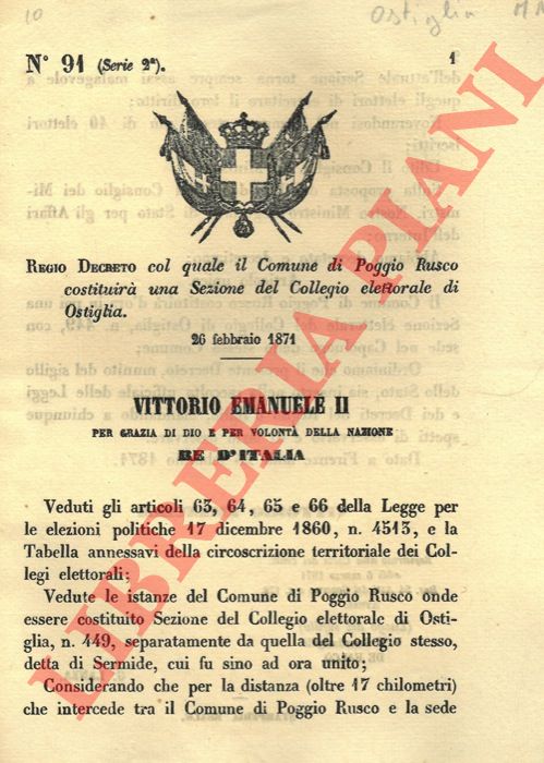 Regio decreto - col quale il Comune di Poggio Rusco costituir una Sezione del Collegio elettorale di Ostiglia.