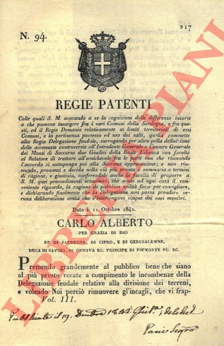 Regie Patenti - con le quali si forniscono provvedimenti per risolvere le controversie relative ai limiti territoriali di vari comuni.