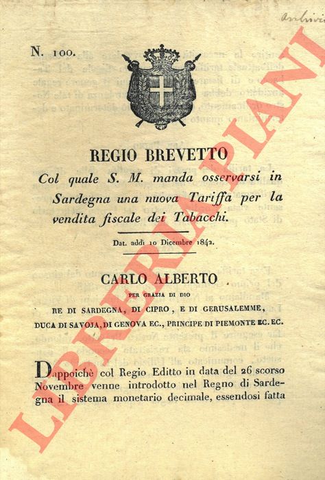 Regio Brevetto - con il quale si emette una nuova tariffa per la vendita fiscale dei tabacchi.