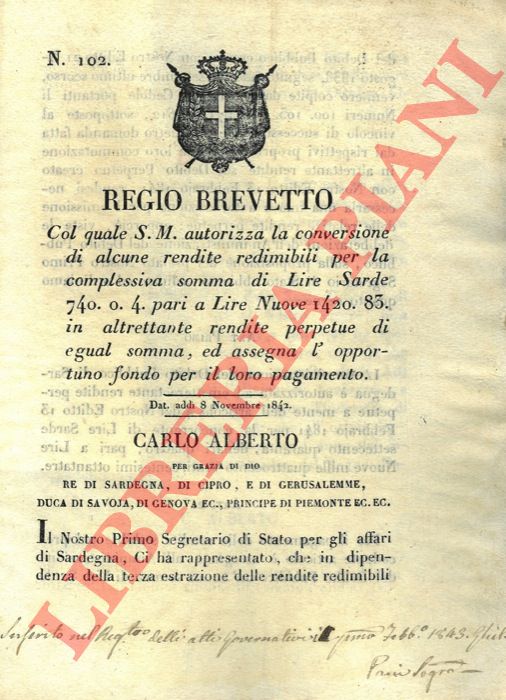 Regio Brevetto - con il quale si autorizza la conversione di alcune rendite redimibili in rendite perpetue.