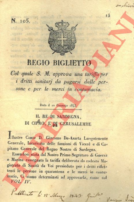 Regio Biglietto - con il quale si approva una nuova tariffa per i diritti sanitari da pagarsi dalle persone e per la merce in contumacia.