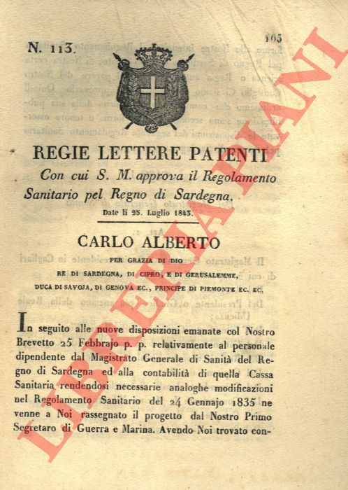 Regie Lettere Patenti - con le quali si approva il regolamento sanitario in Sardegna.