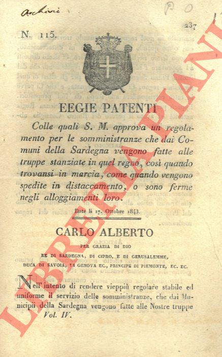 Regie Patenti - con cui si approva un regolamento per le somministranze fatte alle truppe militari dai Comuni sardi.