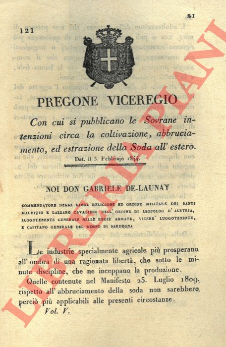 Pregone Viceregio - con cui si pubblicano le intenzioni sulla coltivazione ed estrazione della soia all'estero.