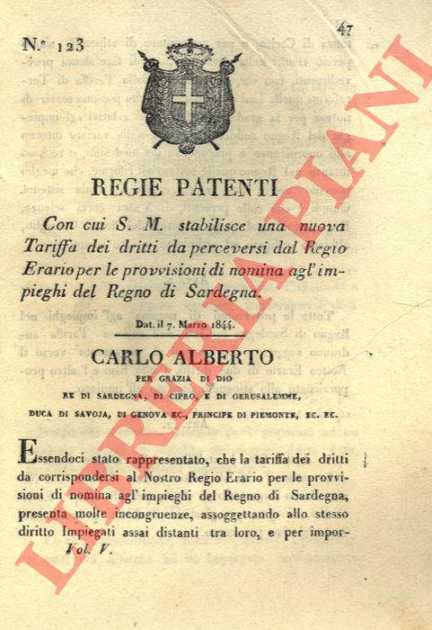 Regie Patenti - con cui si stabilisce una nuova tariffa per le provvisioni di nomina agli impiegni del Regno di Sardegna.