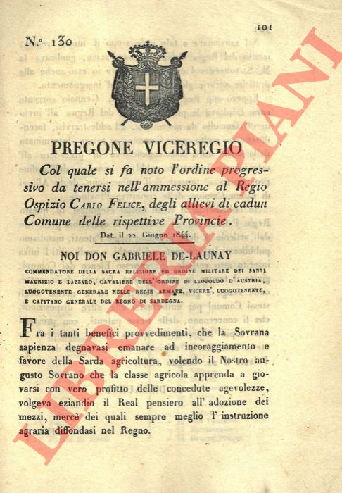 Pregone Viceregio - con cui si pubblica l'ordine progressivo per l'ammissione all'Ospizio Carlo Felice degli allievi di ogni provincia.