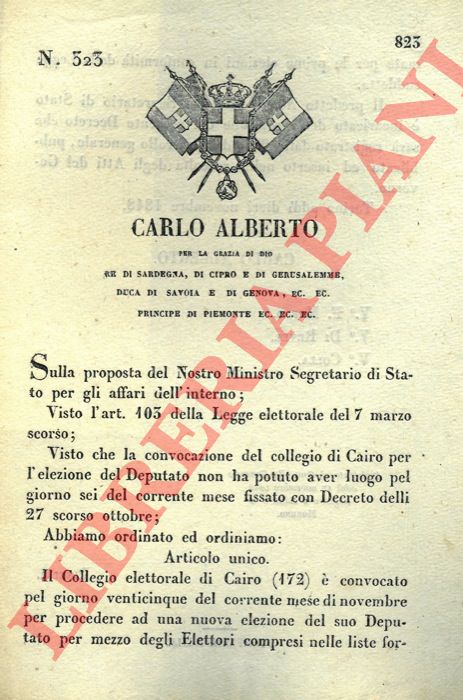 Regio Decreto - con cui si convoca il collegio elettorale di Cairo per l'elezione del suo nuovo deputato.