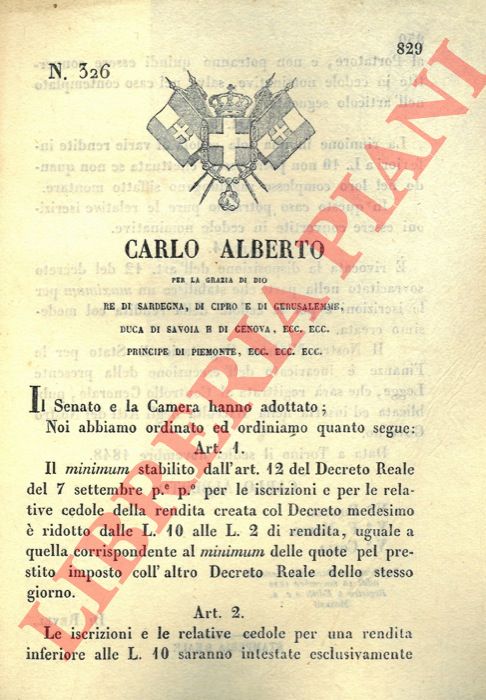 Regio Decreto - con cui si decide che le iscrizioni e relative cedole inferiori a 10 lire saranno intestate al portatore.
