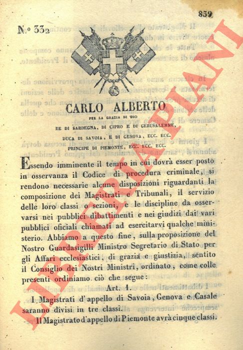 Regio Decreto - Ccon cui si stabilsce la divisione in tre classi dei Magistrati d'Appello di Savoia, Genova e Casale Monferrato.
