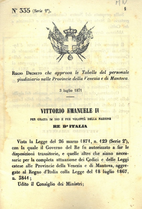 Regio Decreto - che approva le Tabelle del personale giudiziario nelle Provincie della Venezia e di Mantova.