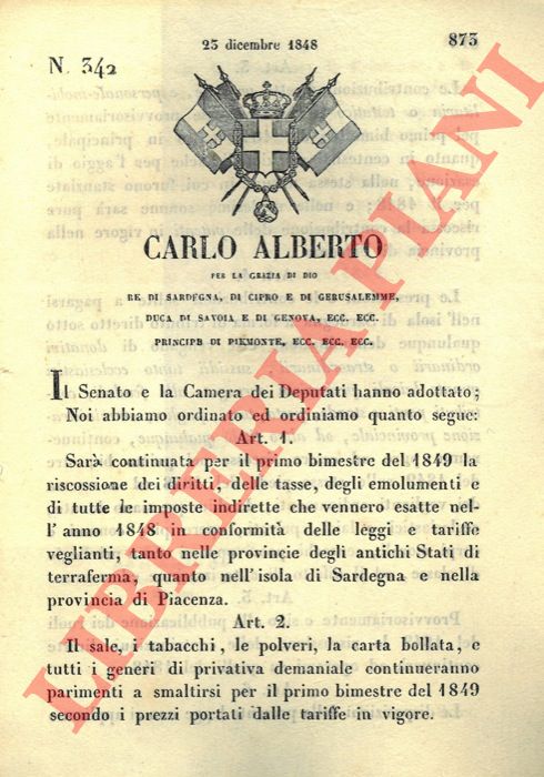 Regio Decreto - con cui si stabilisce che il sale e i tabacchi, polveri e carta bollata saranno smaltiti nel primo bimestre del 1949 secondo i prezzi relatici alle tariffe in vigore.