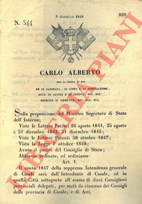 Regio Decreto - con cui si stabilisce che il conto dell'intendenza generale di Casale sar sottoposto all'esame dei consiglieri delegati dei consigli di Asti e Casale.