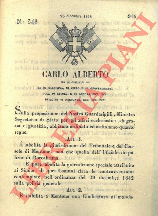 Regio Decreto - con cui si decide di stabilire una giudicatura di tersa classe a Mentone.