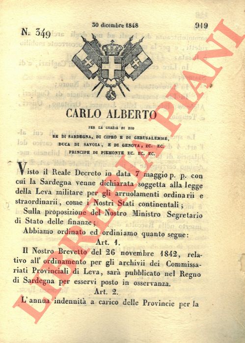 Regio Decreto - con cui si decide la pubblicazione del brevetto  del 26 Novembre 1842 per l'ordinamento degli archivi dei commissariati provinciali di leva.